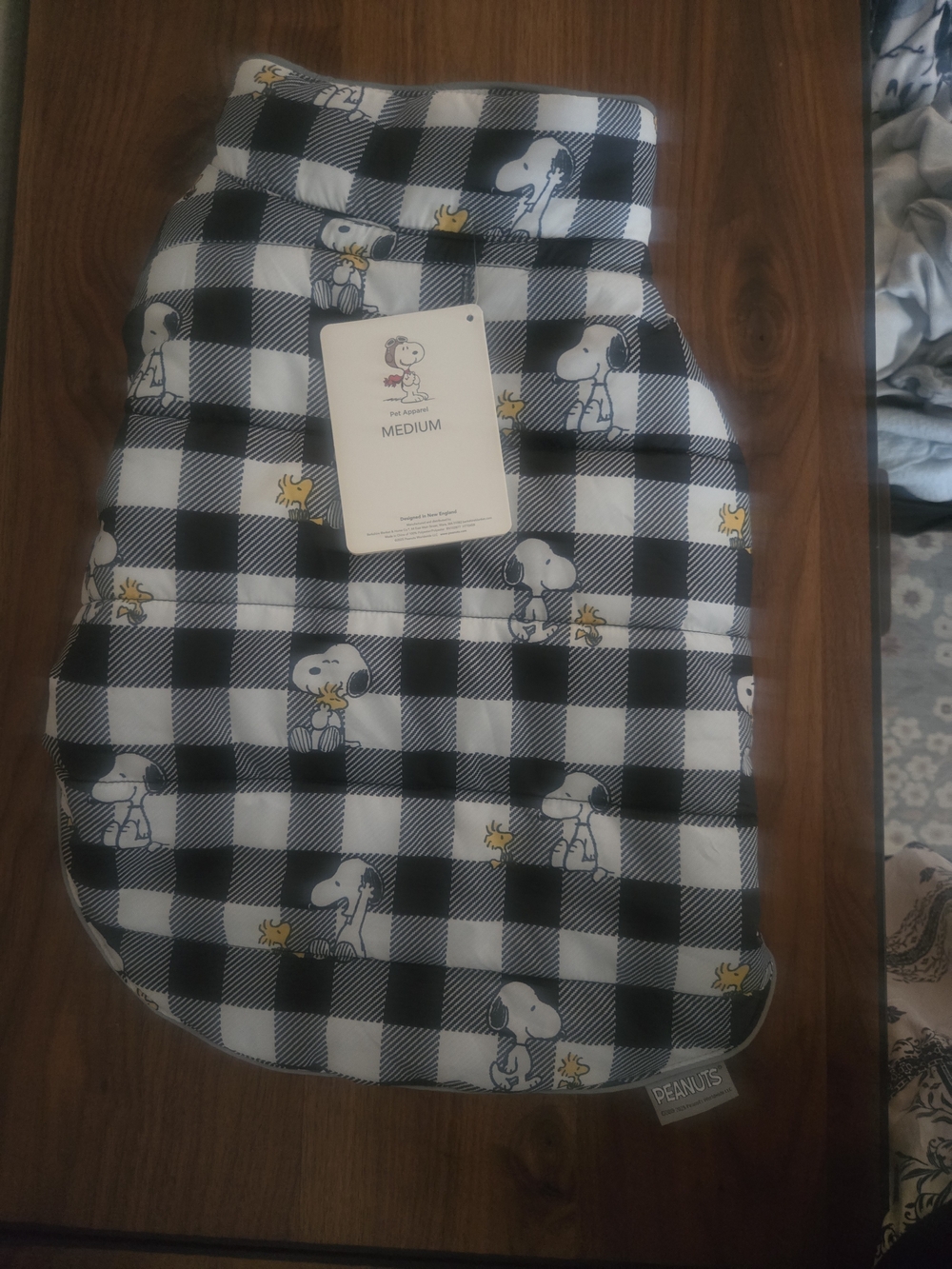 Peanuts Black & White Plaid Medium Pet Coat with Yellow Woodstock Accents